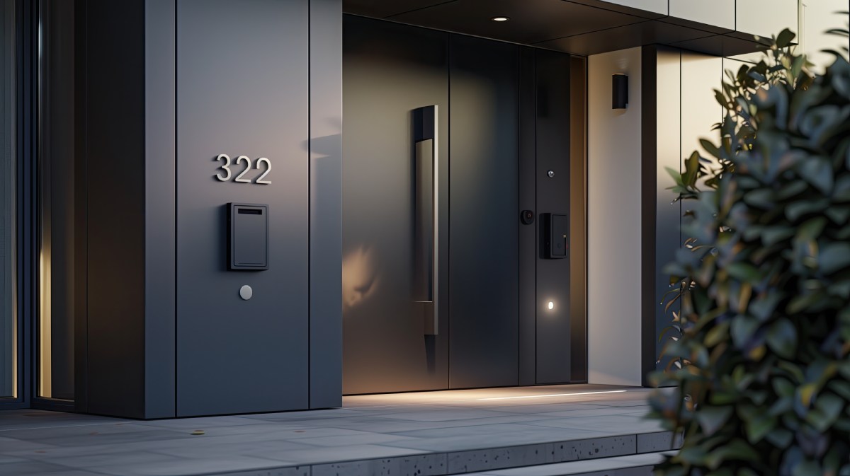 A home entrance with a smart door lock and sleek house numbers