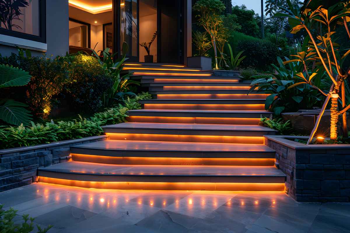 Modern garden staircase with LED lighting