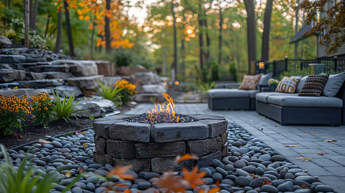 An outdoor patio with a custom fire pit