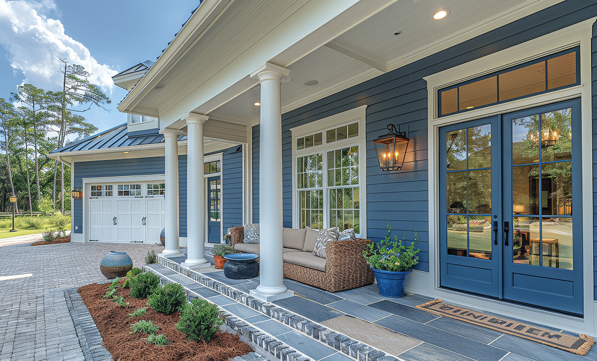 Front porch of a contemporary home painted blue, with outdoor sofa and seating area