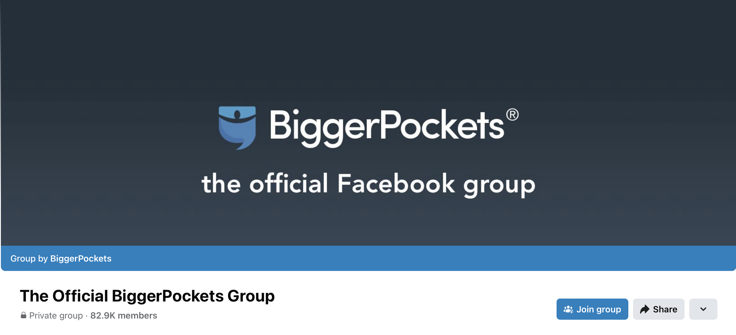 A Facebook group page header for The Official BiggerPockets Group.