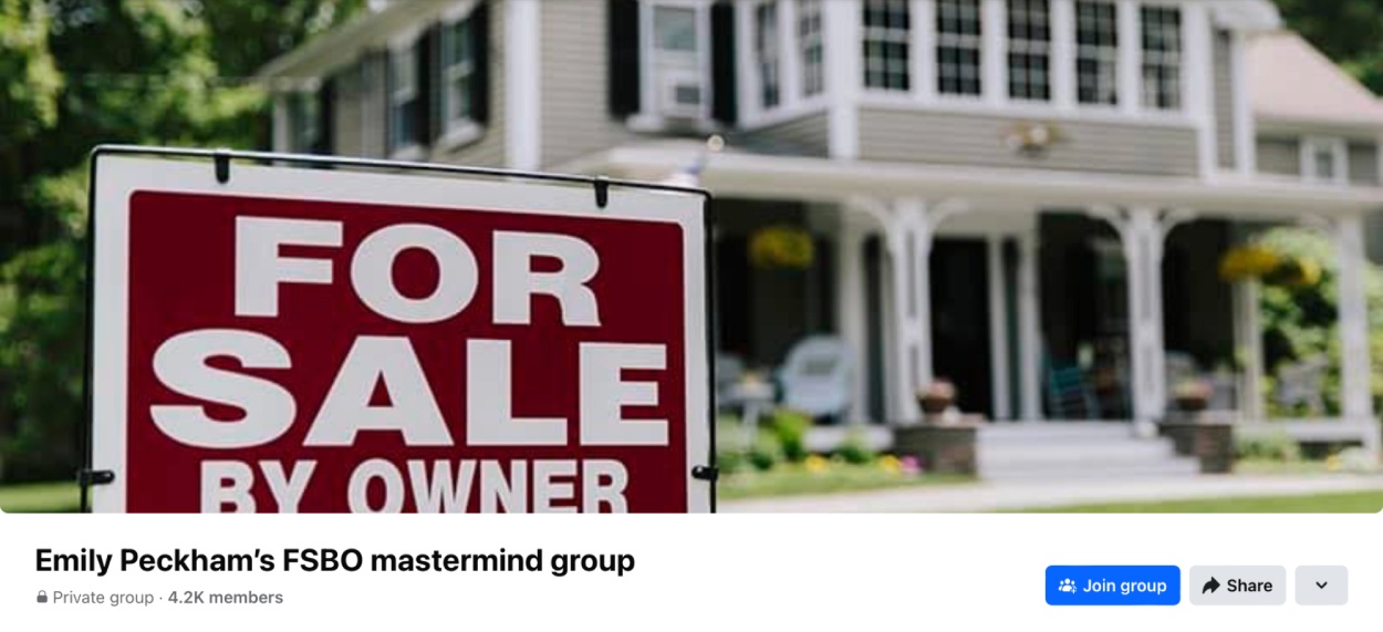 A Facebook group page header for Emily Peckham's FSBO Mastermind Group.