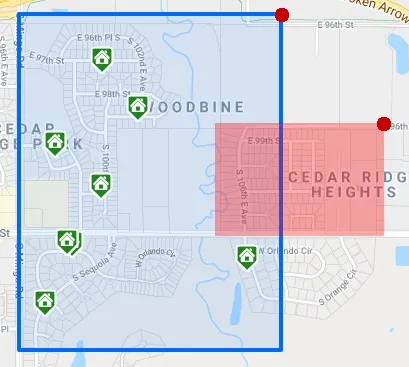 Map section of a small farm area in a neighborhood, with a square overlaid to illustrate eight homes sold in the last six months.