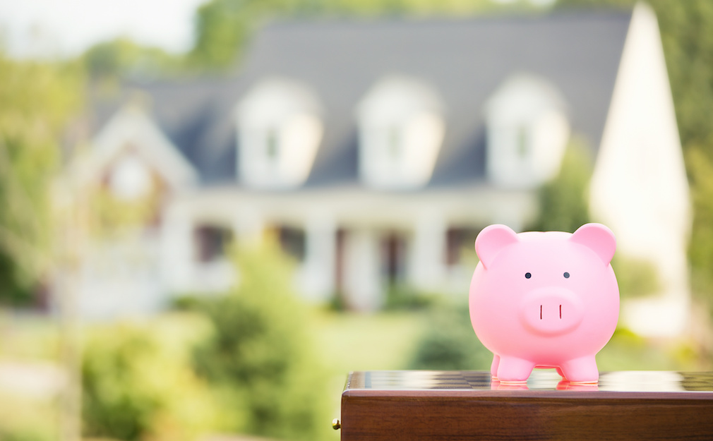 Piggy bank isolated outside on home background