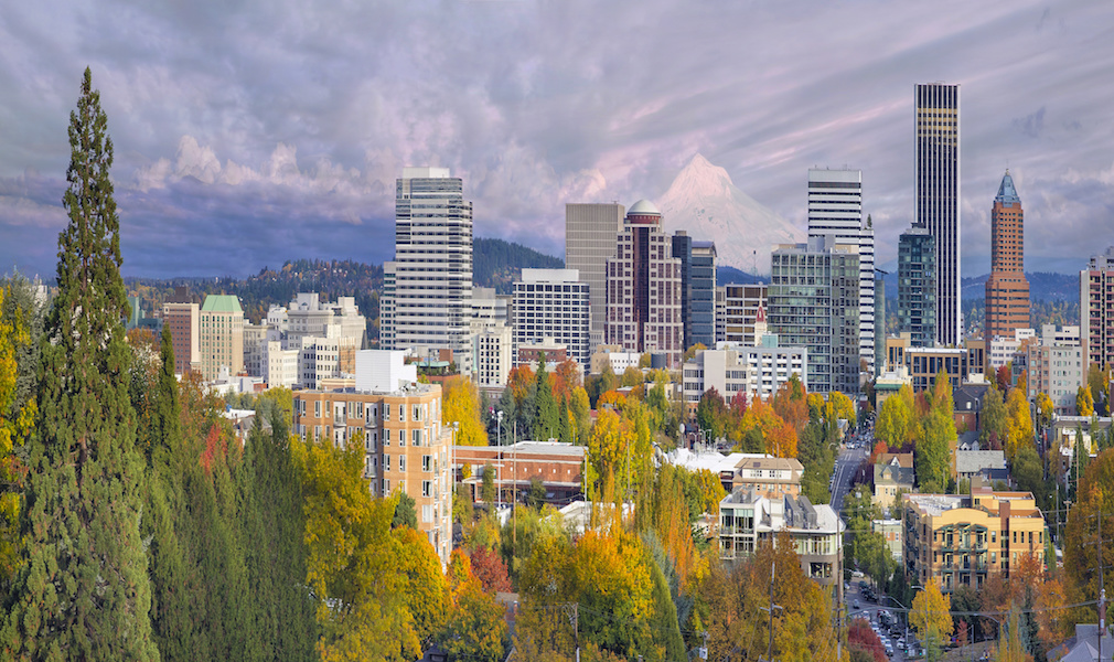 Portland Oregon Downtown Skyline with Mt Hood