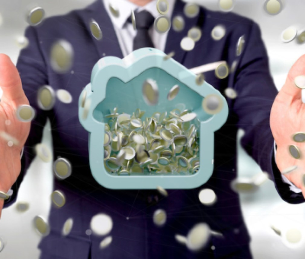 Man holding a House moneybox with coin surrounding all over 3d rendering