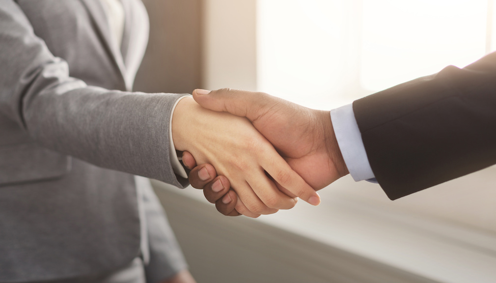 Business man and woman shaking hands