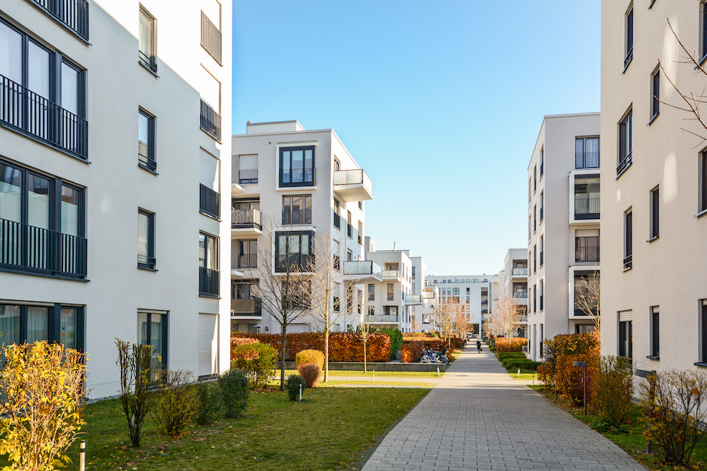 Modern apartment buildings in a green residential area in the city