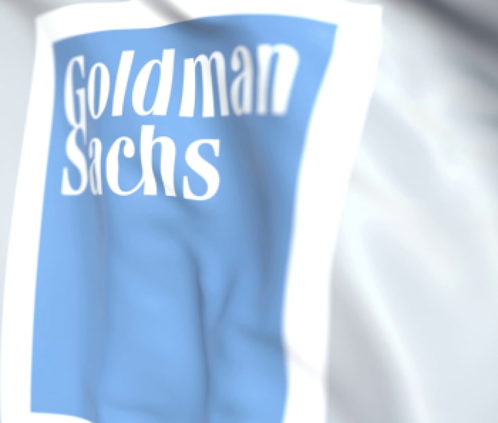 Waving flag with The Goldman Sachs Group, Inc. logo, close-up. Editorial 3D rendering