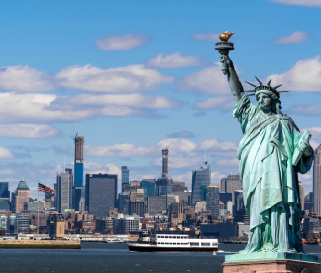 The Statue of Liberty over the Scene of New york cityscape river side which location is lower manhattan,Architecture and building with tourist concept