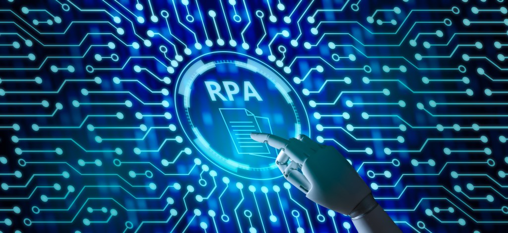 RPA (Robotic Process Automation system),Artificial intelligence , Robot finger,robo advisor ,Big data and business concept.Robot finger on blurred background using digital RPA interface.