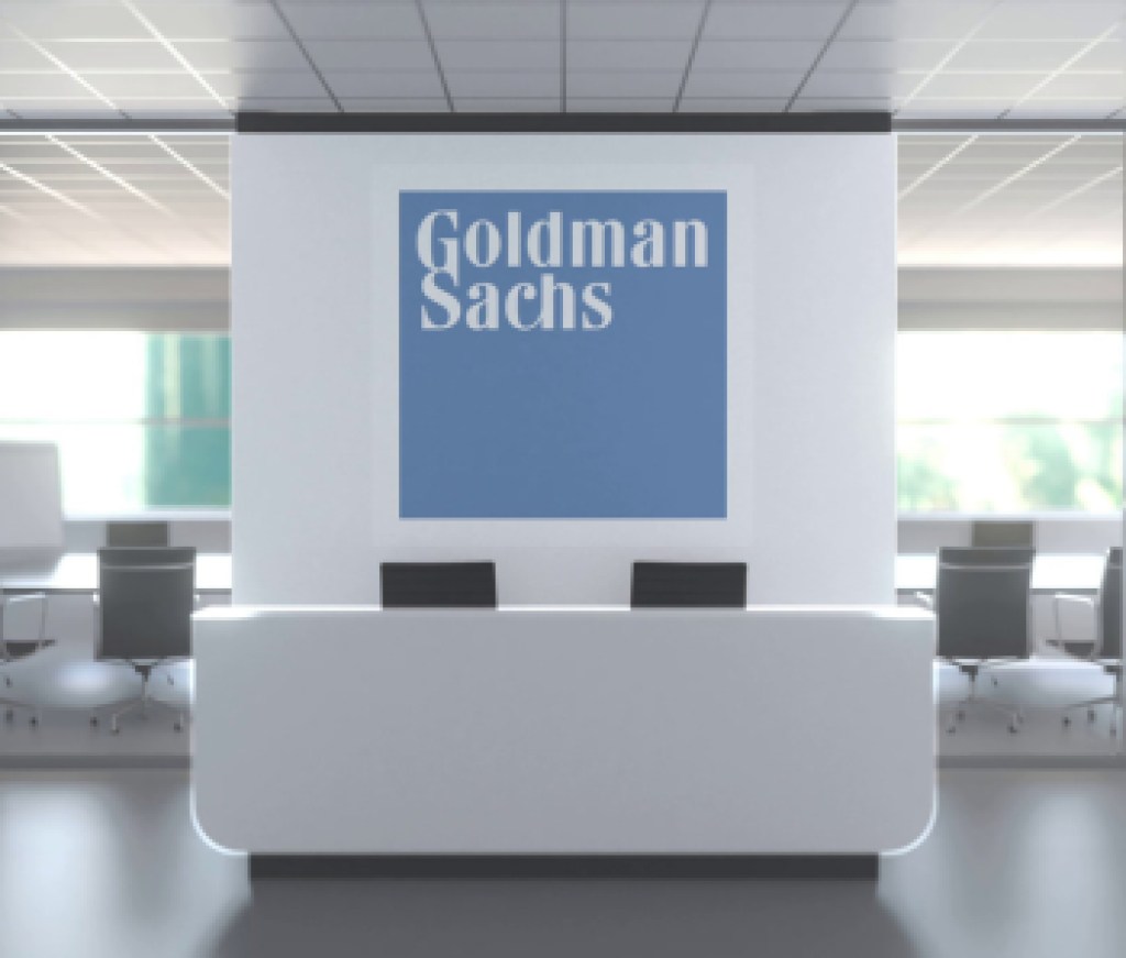 Logo of GOLDMAN SACHS on a wall in the modern office, editorial conceptual 3D rendering