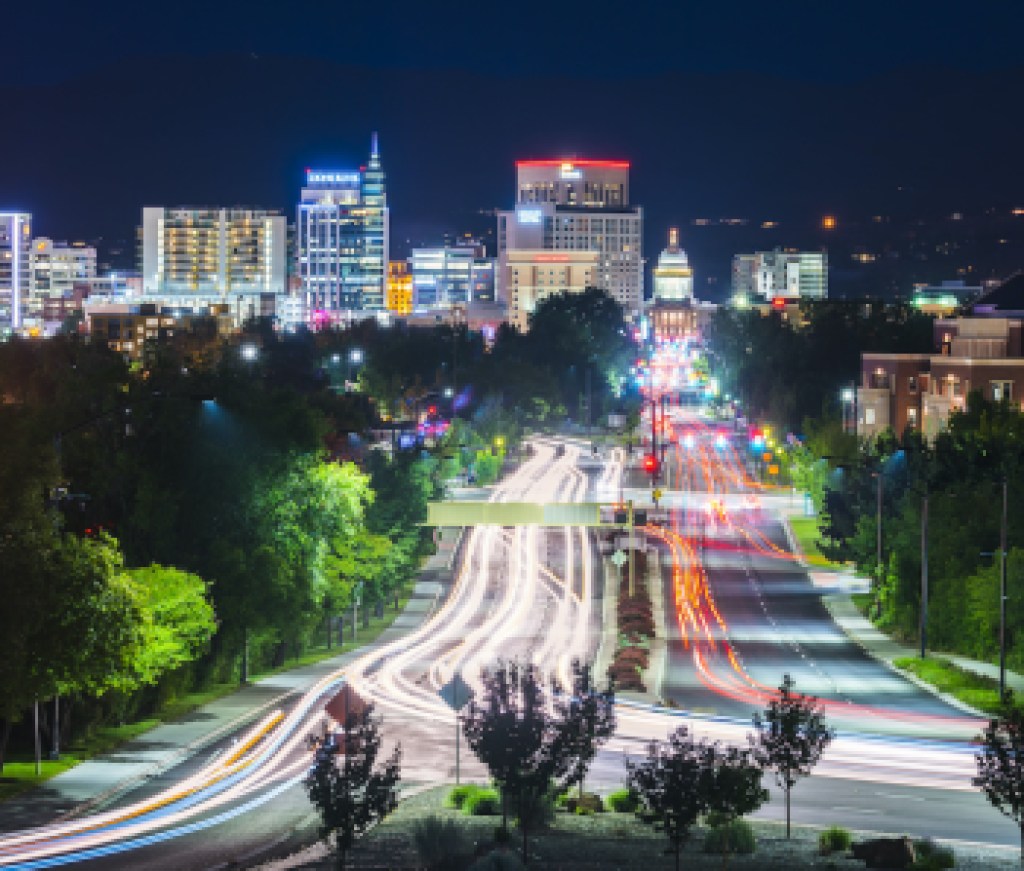 Boise,idaho,usa 2017/06/15 : Boise cityscape at night with traffic light.