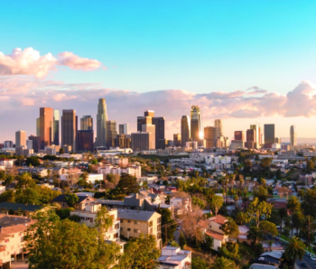 Aerial view of downtown Los Angeles city skyline and skyscrapers