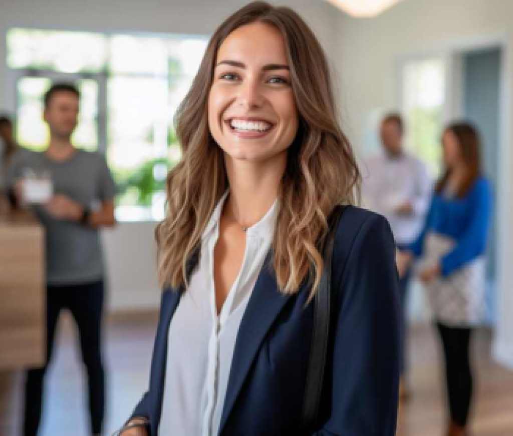 Loan officer smiling at an open house