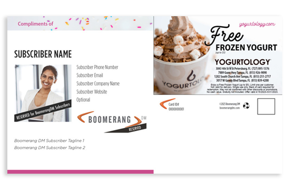 Back of the sample card from Boomerang, with agent branding and a place for a headshot and logo.