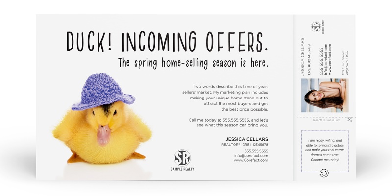 Business card tearable real estate mailer with a cute "duck, incoming offers!"