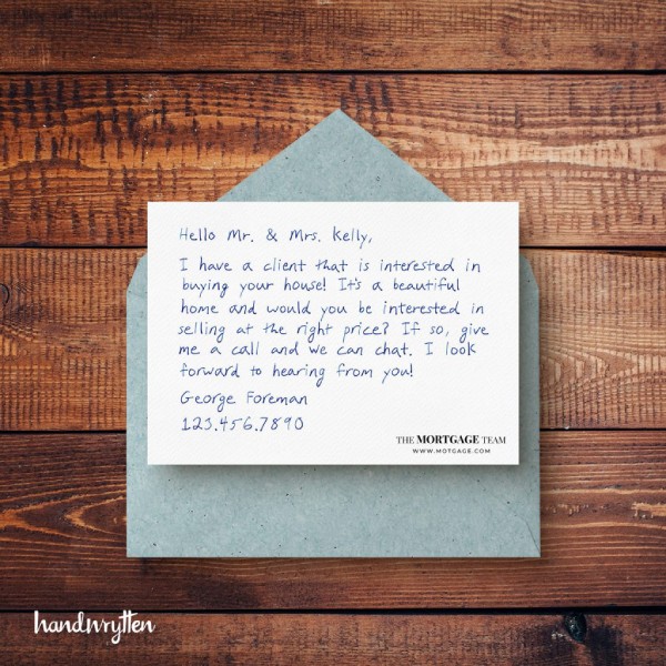 Handwritten postcard with text offering to purchase the seller's home for the right price.
