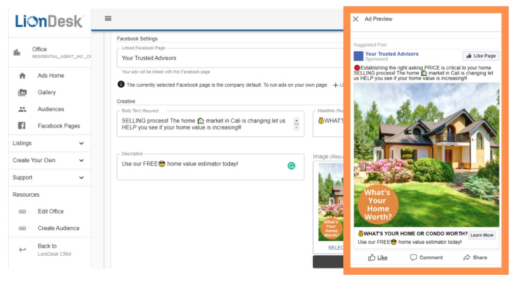Screenshot Liondesk Facebook ad creation tool