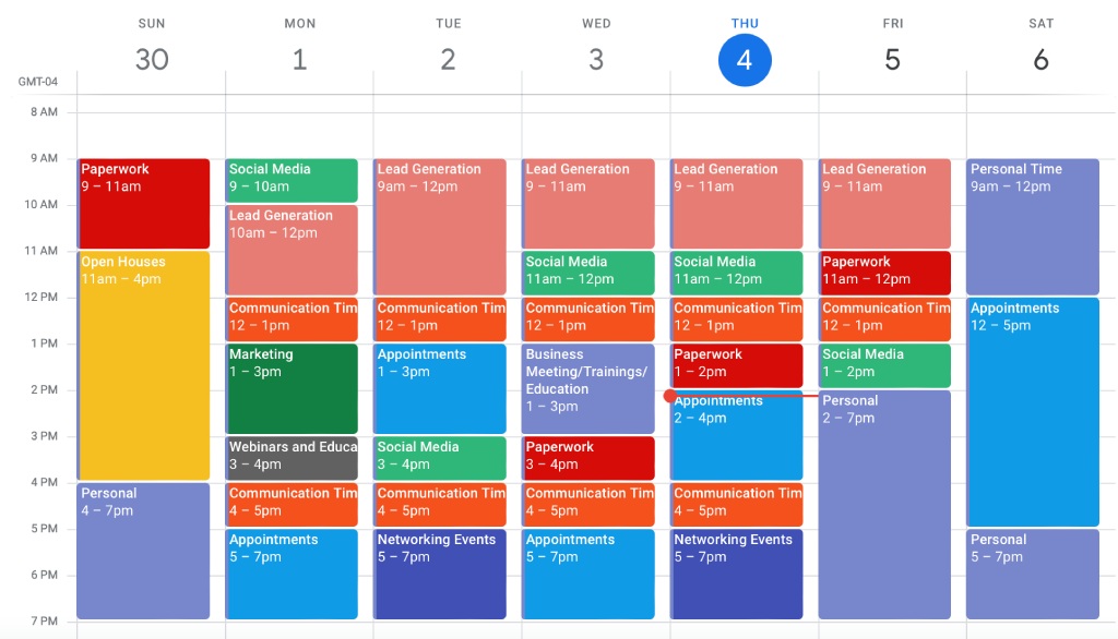 An example of a time blocking in a real estate agent schedule planned out using Google Calendar