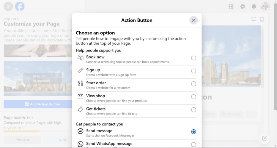 Screenshot of action button setup on a facebook page