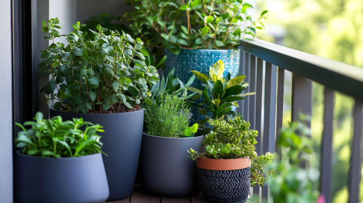 A row of potted mini herbs