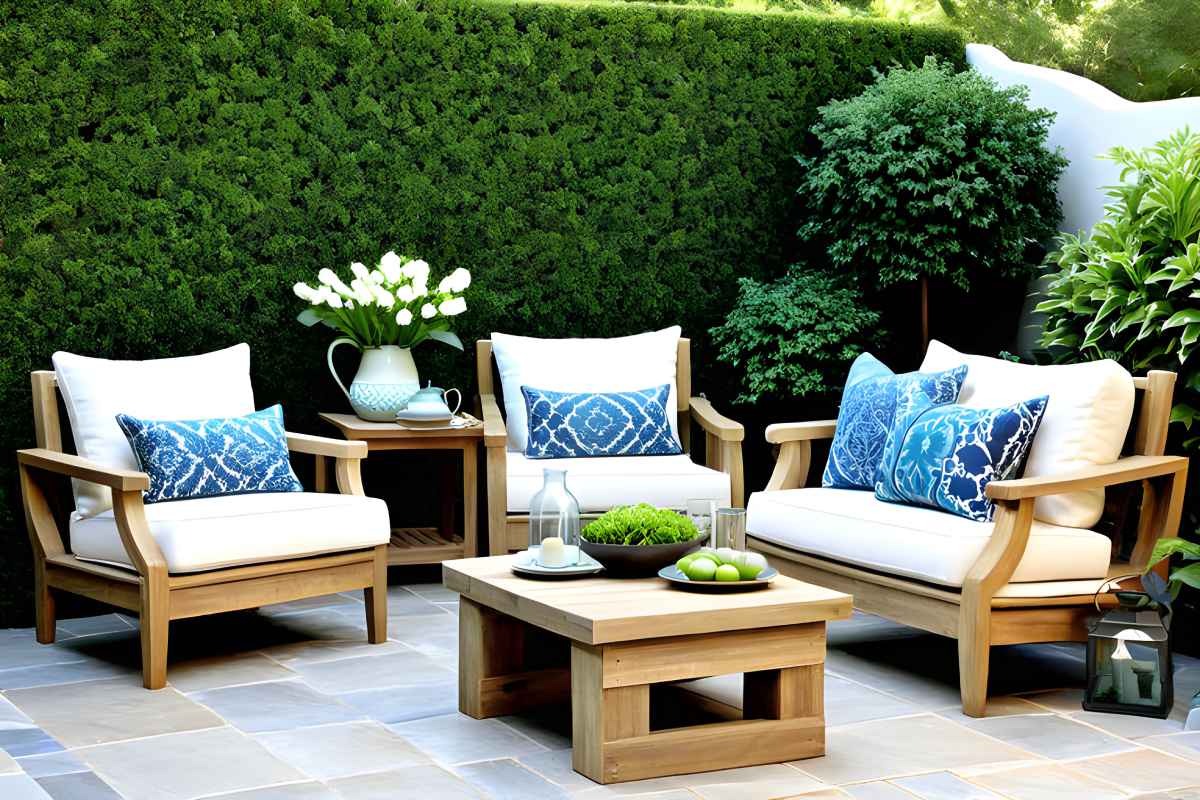 Patio furniture with natural wood accents