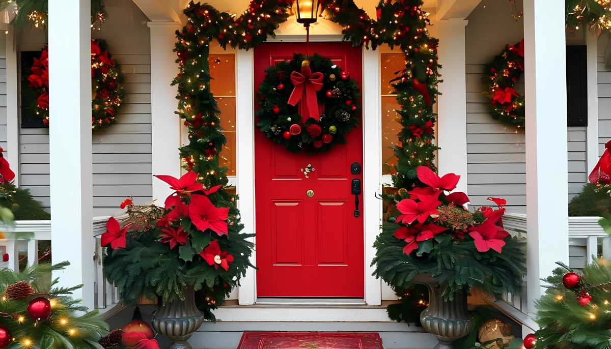 A red front door with wreaths and poinsettias