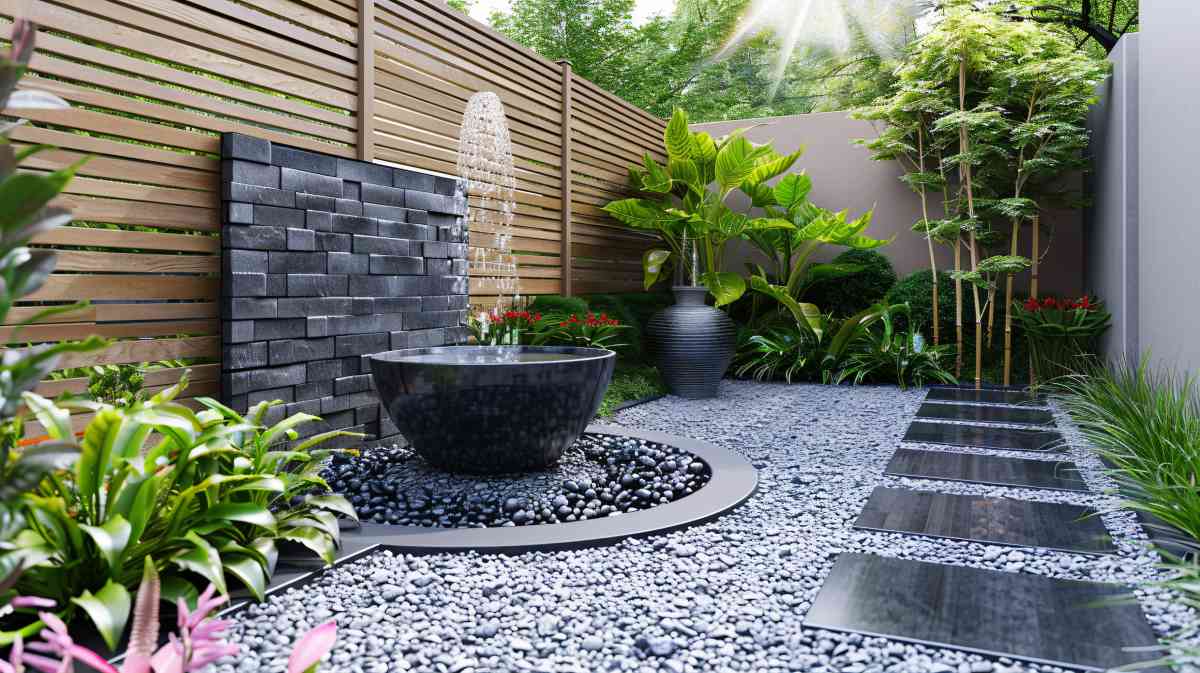 A minimalist garden design with a  small water feature