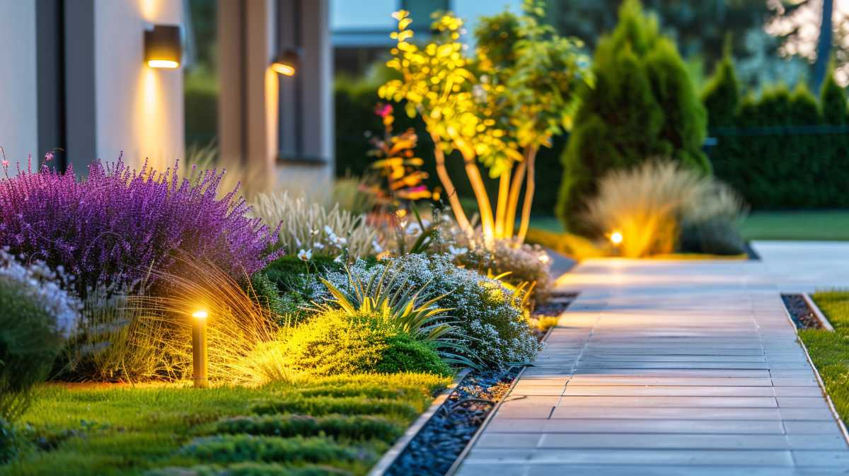 Solar-powered path lighting in the garden