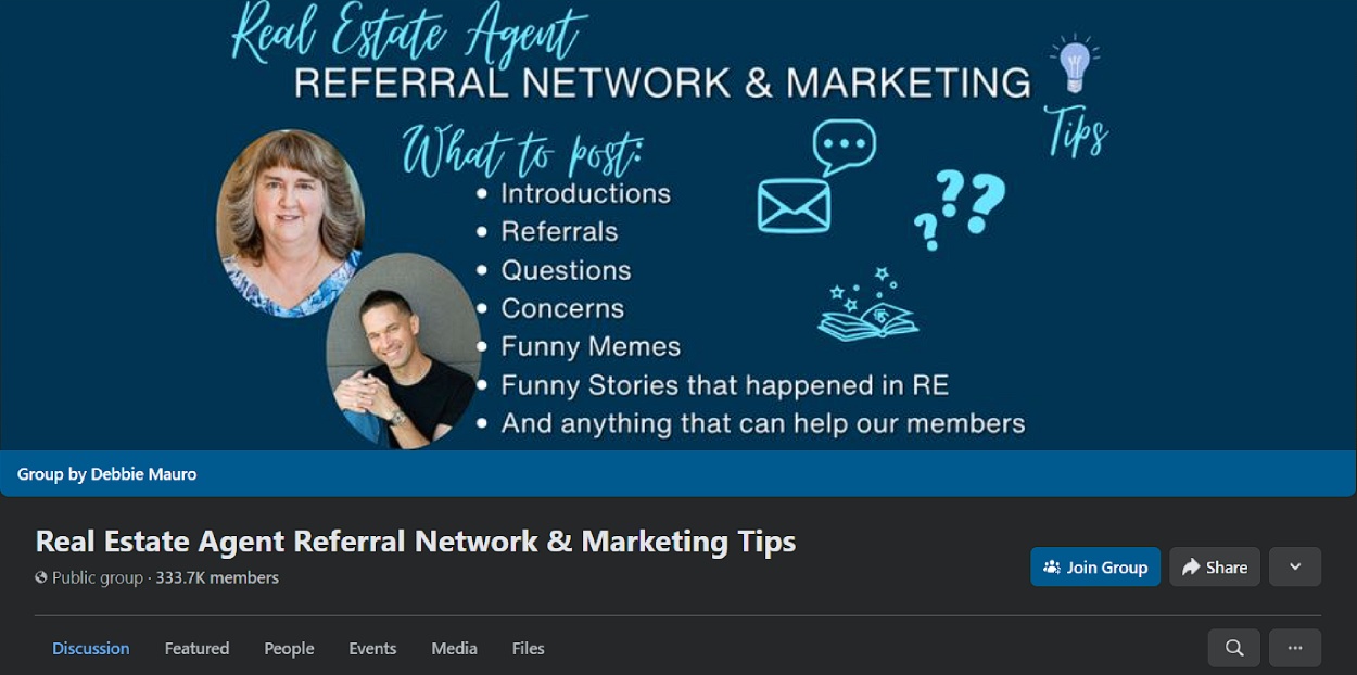 Real Estate Agent Referral Network and Marketing Facebook group cover image