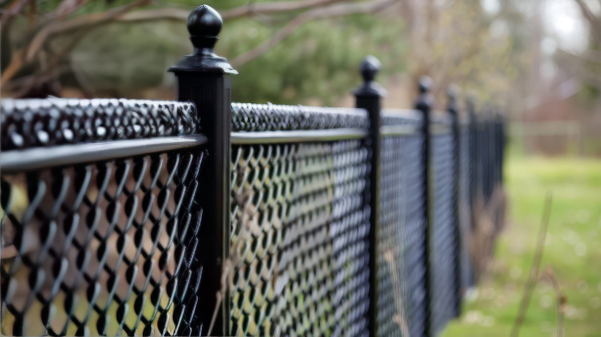 Chain-link fence with unique post caps.