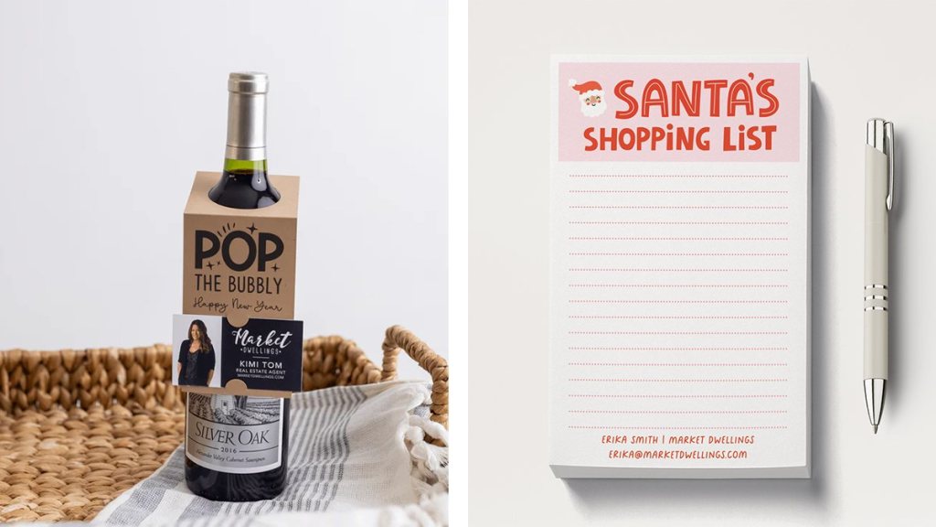 Wine and notepads with pen as Seasonal gifts